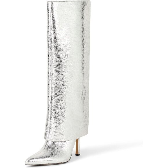 NIB The Drop Womens 9 Jolene Fold Over Tall Boot Silver Crackle Disco Party - Picture 4 of 9